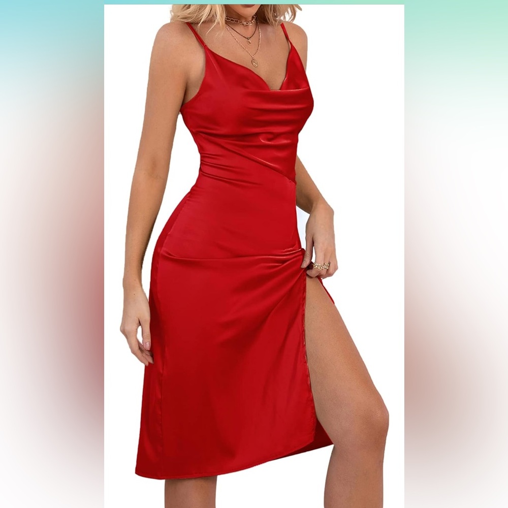 Lyaner drape cowl neck strappy cami midi back zipper red party Dress NWOT